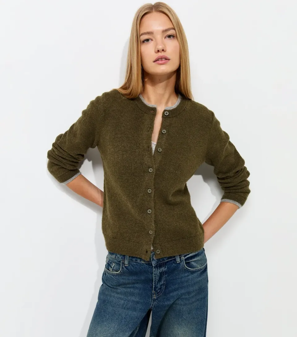 Women's Green Double Layer Crew Neck Cardigan