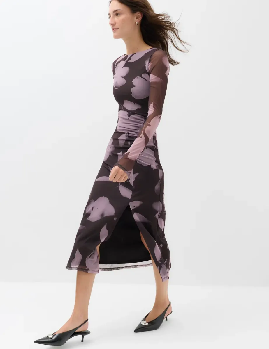 Floral Bodycon Midi Dress with Long Sleeves Black Mix