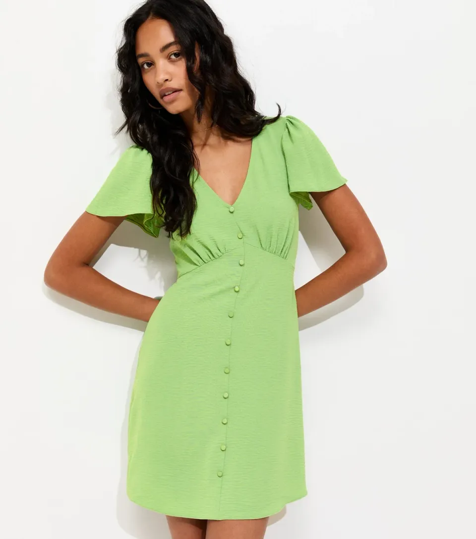 Women's Bright Green V-Neck Button Up Mini Tea Dress