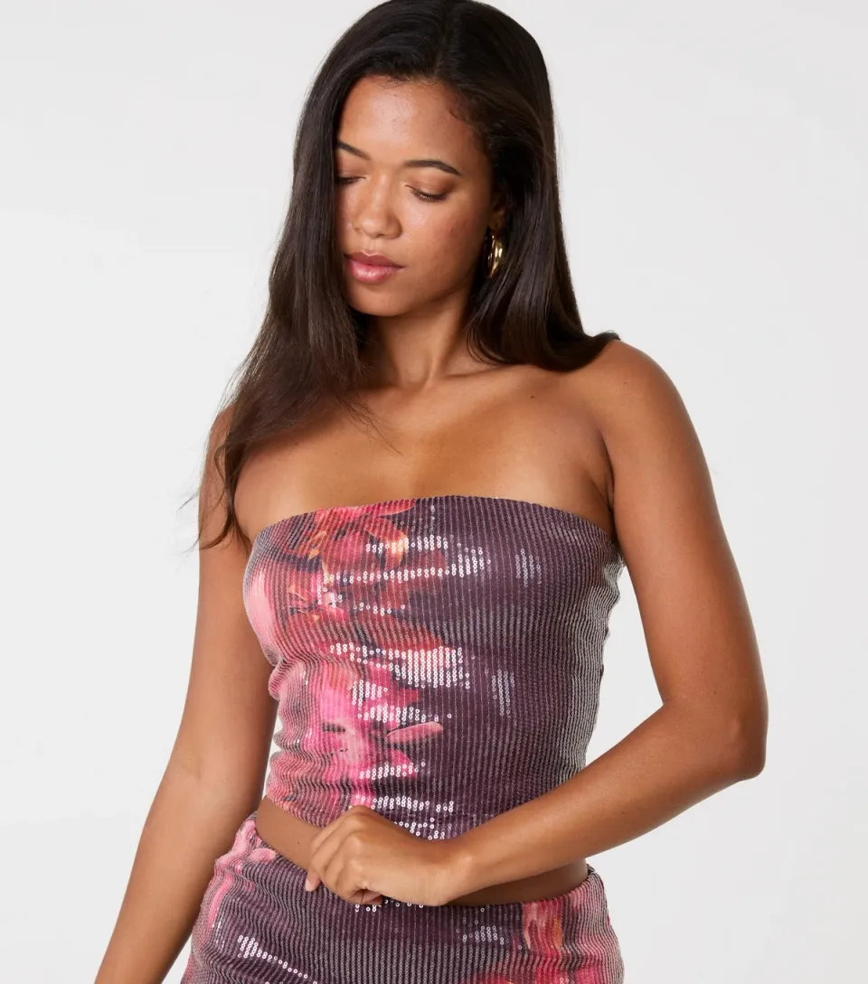 Women's Multicolour Hibiscus Flower Sequin Bandeau Top