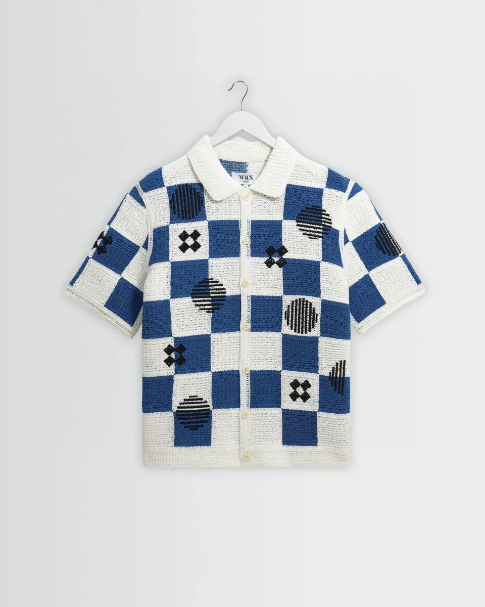 Porto - Ecru and Blue Square Crochet Knitted Shirt