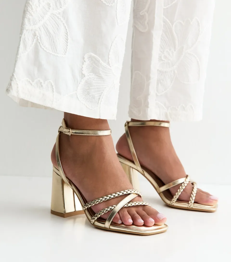 Women's Wide Fit Gold Faux Leather Block Heel Sandals Vegan