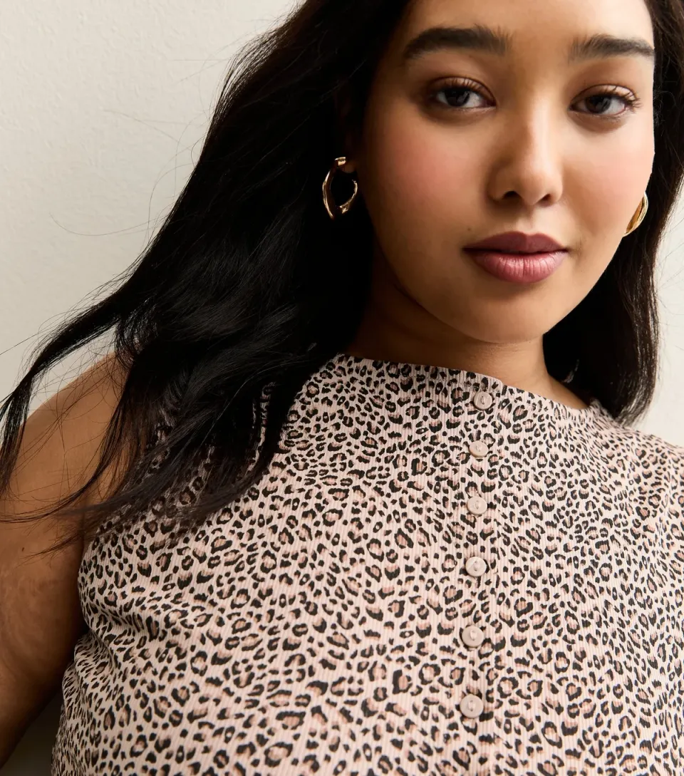 Women's Plus Size Brown Leopard Print Button Through Ribbed Tank Top Curves