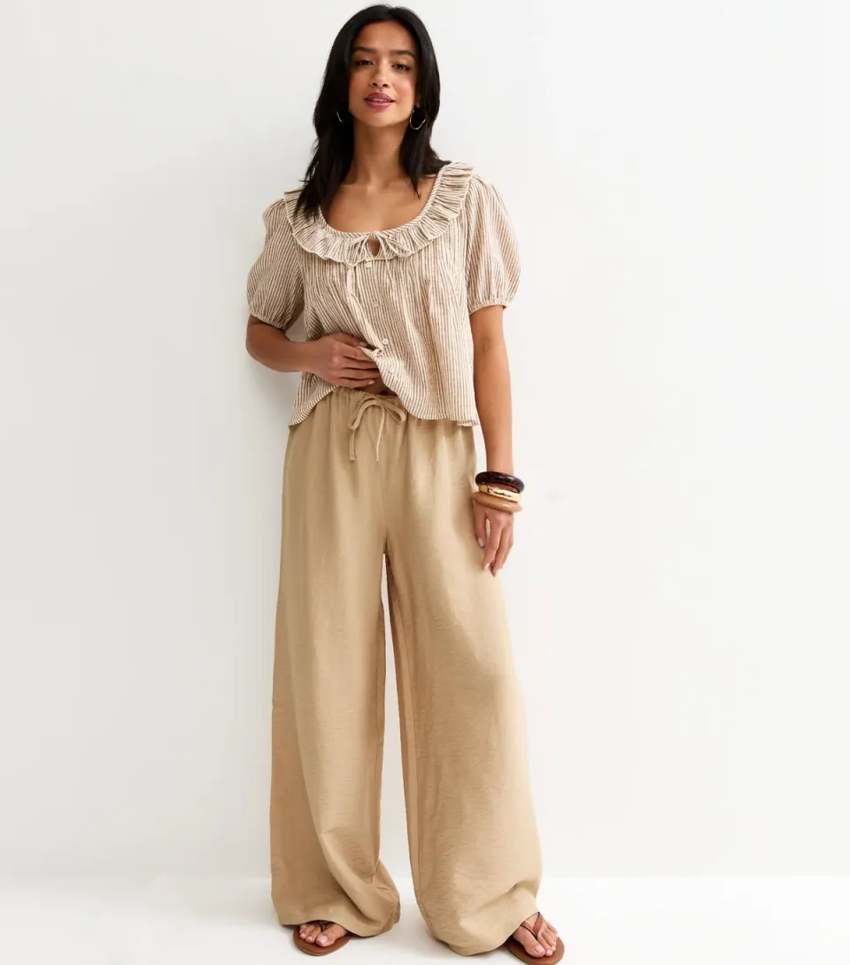 Women's Petite Stone Drawstring Wide Leg Trousers