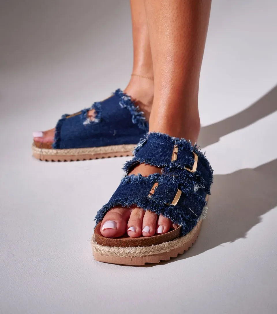 Women's Dark Blue Denim Fringed Espadrille Sandals