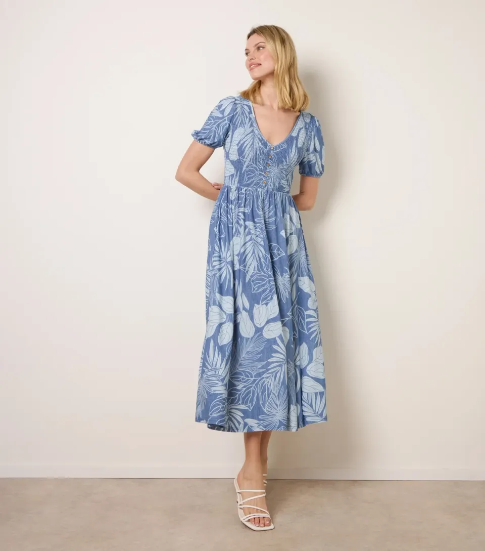 Women's Blue Tropical Shirred Midi Dress