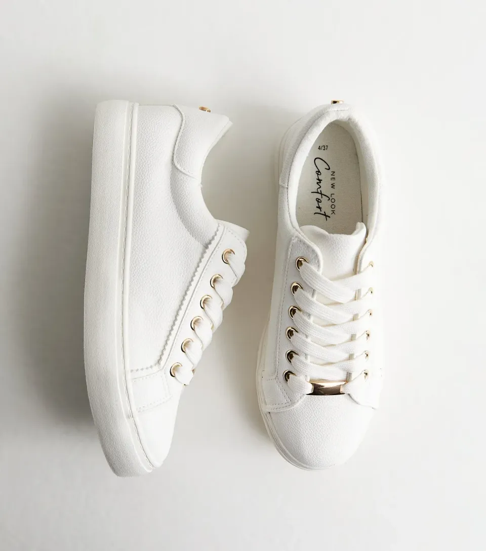 Women's White Grained Faux Leather Lace Up Trainers Vegan