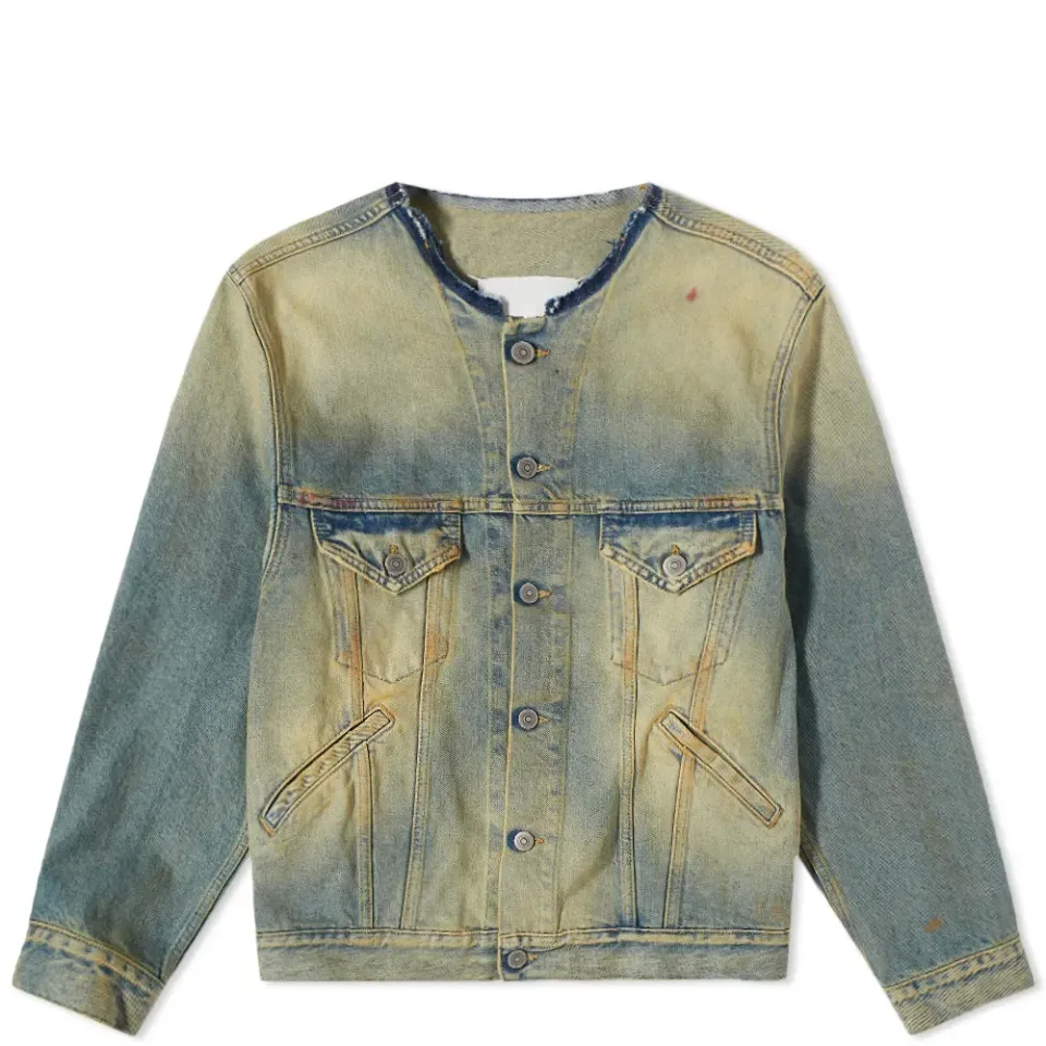 Distressed Collarless Denim Jacket