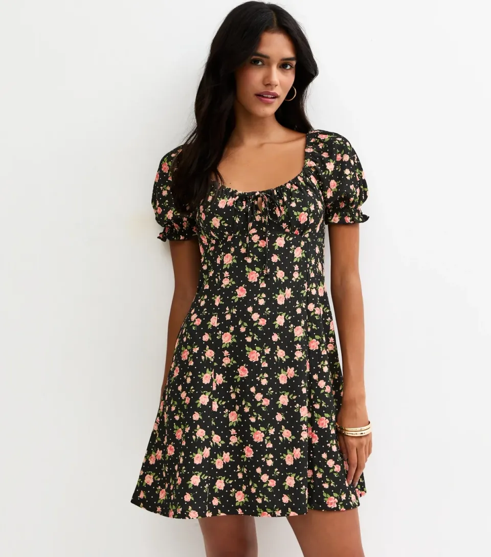 Women's Black Floral Ruched Bodice Mini Dress