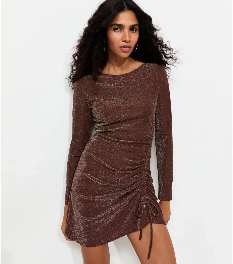 Women's Dark Brown Shimmer Ruched Dress