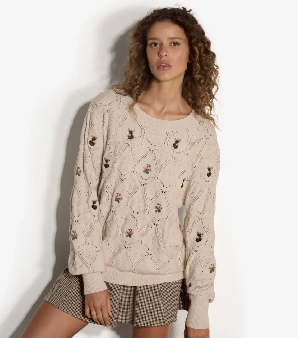 Women's Stone Pointelle Knit Floral Embroidered Jumper