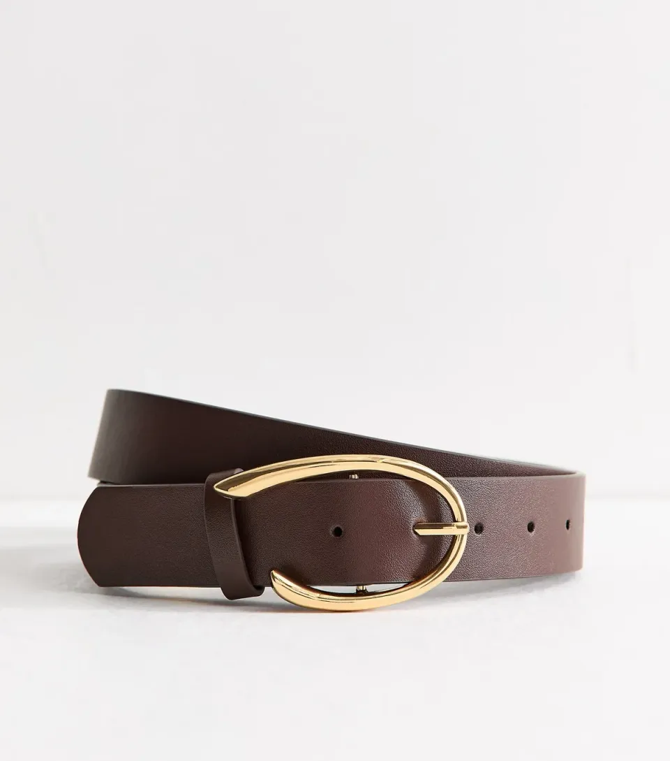 Dark Brown Faux Leather Sculpted Oval Buckle Belt