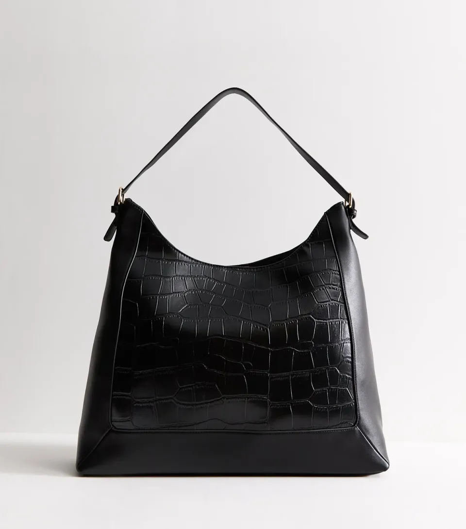 Black Faux Leather Crocodile Embossed Hobo Shoulder Bag