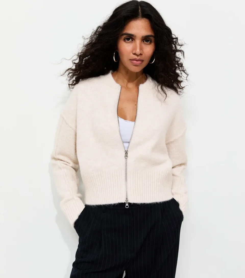 Women's Cream Knitted Exposed Seam Bomber Cardigan