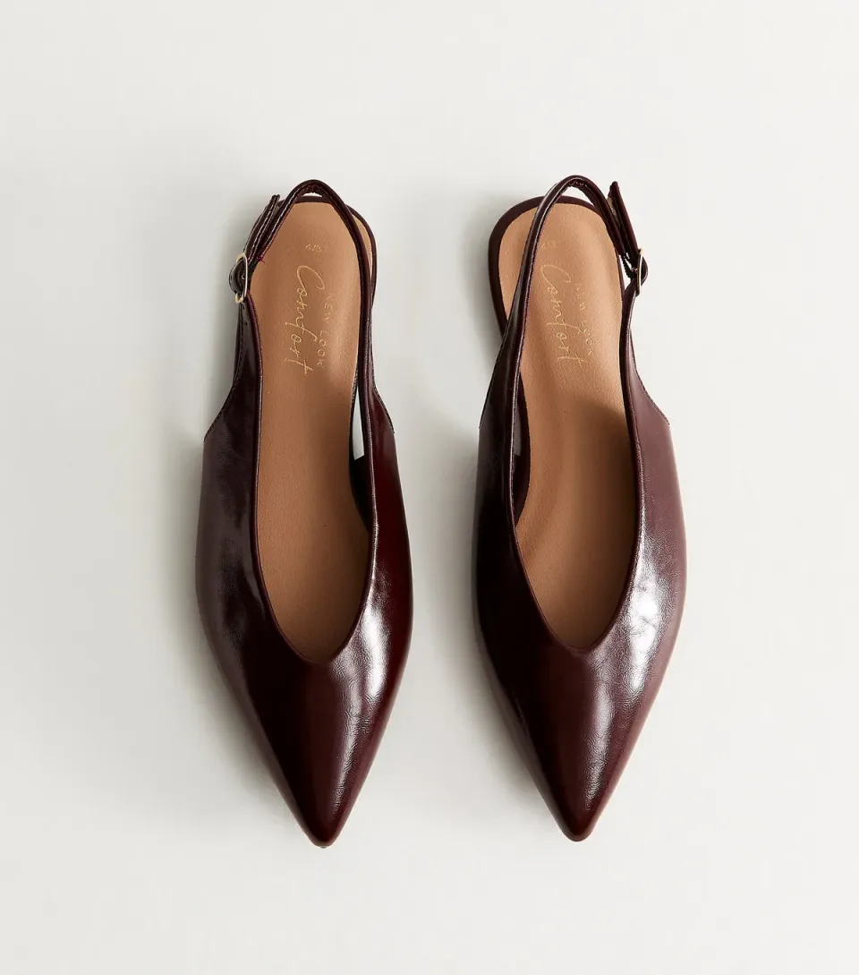Women's Dark Burgundy Faux Leather High Vamp Slingback Ballerina Flats Vegan