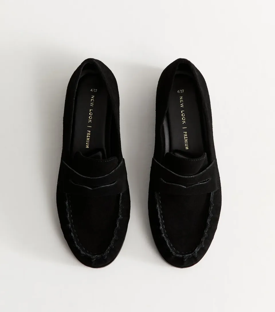 Women's Premium Real Suede Black Penny Slot Loafers