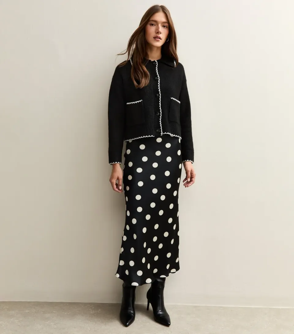 Women's Black Polka Dot Bias Cut Midi Skirt