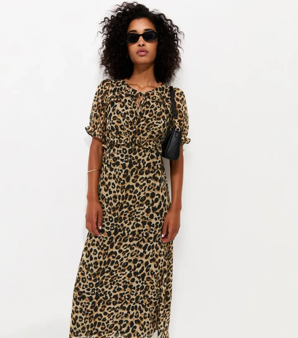 Women's Brown Leopard Print Ruffle Chiffon Short Sleeve Midi Dress