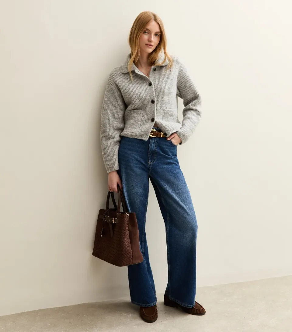 Women's Grey Knit Collared Button Through Cardigan