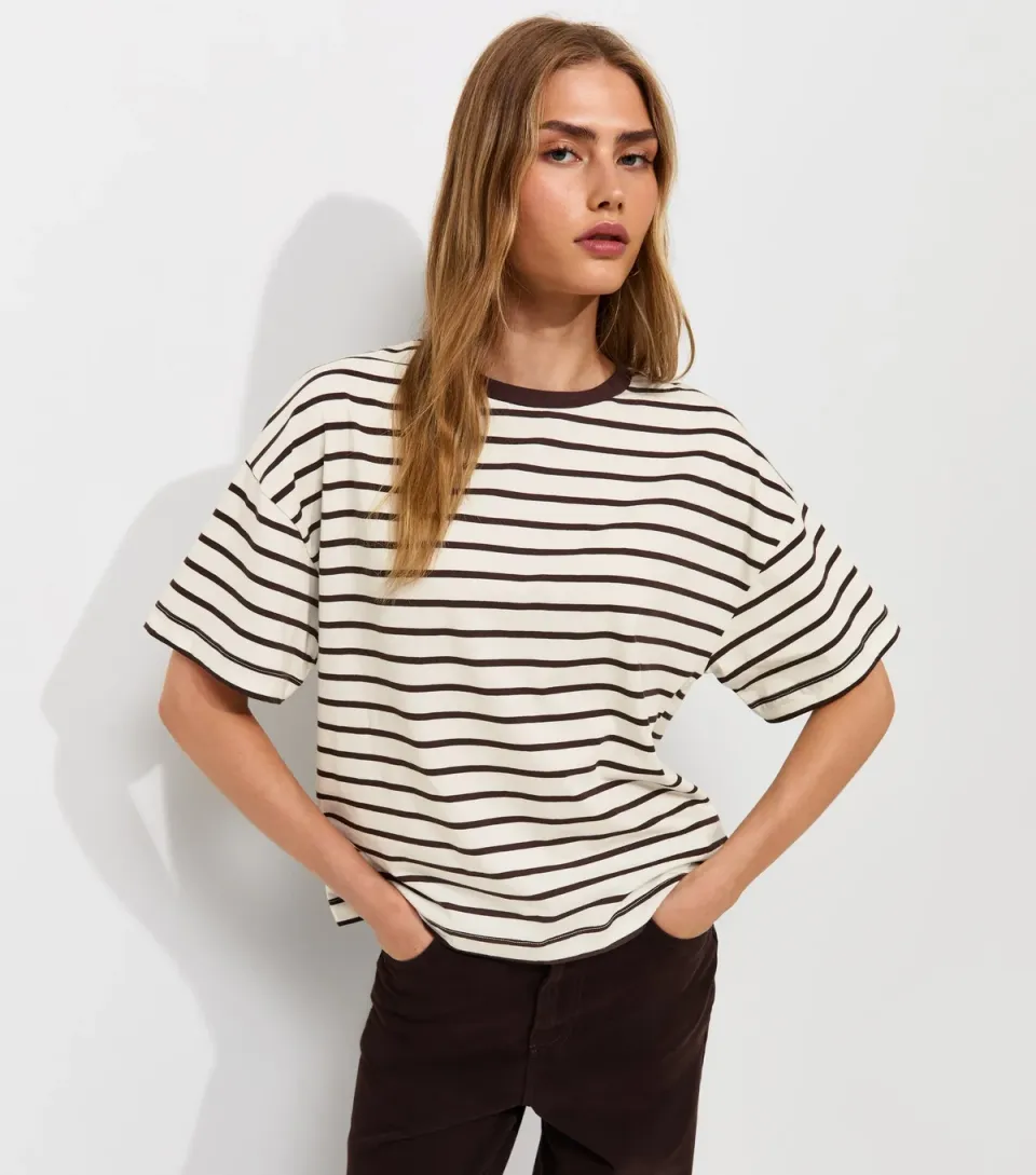 Women's Brown Cotton Striped Oversized Boxy Fit T-Shirt