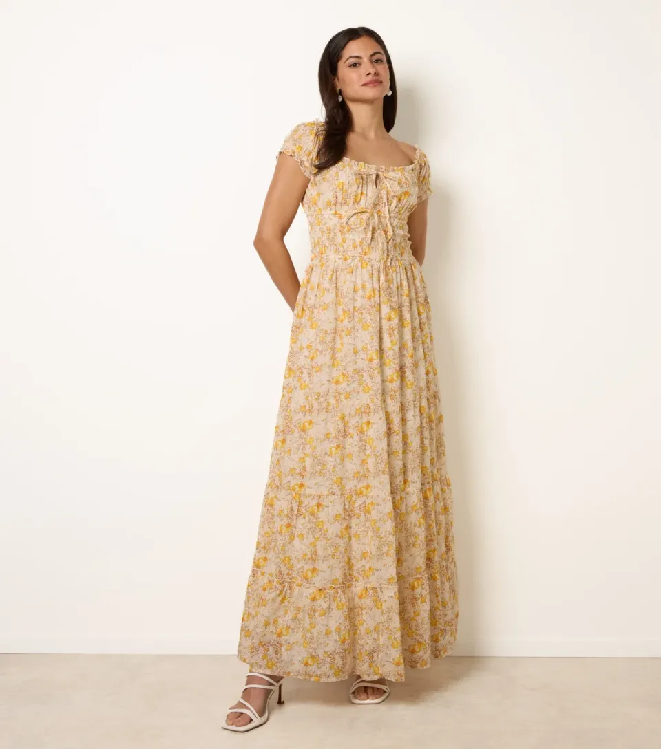 Women's Yellow Floral Print Tie Front Maxi Dress