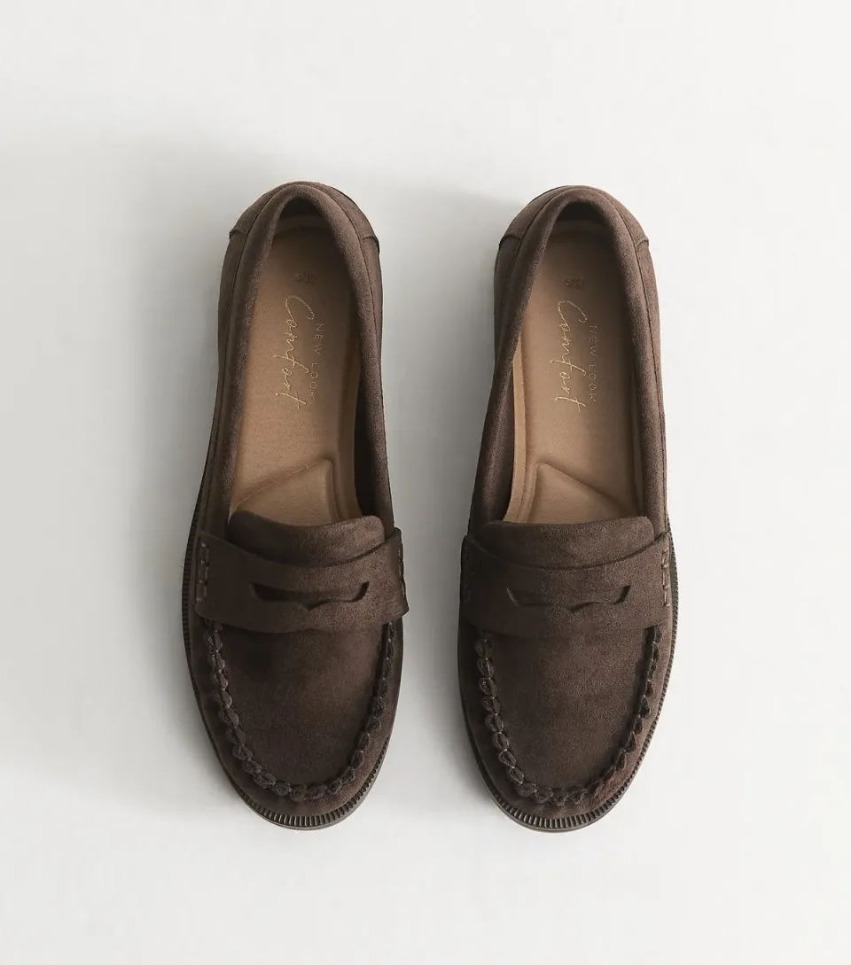 Women's Dark Brown Faux Suede Penny Slot Loafers Vegan