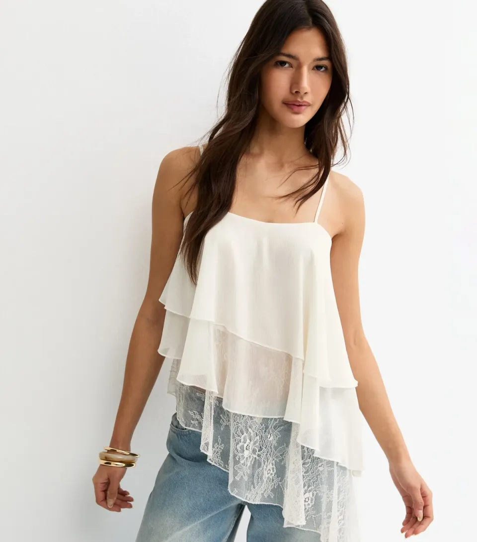Women's Off White Lace Asymmetric Tiered Cami Top