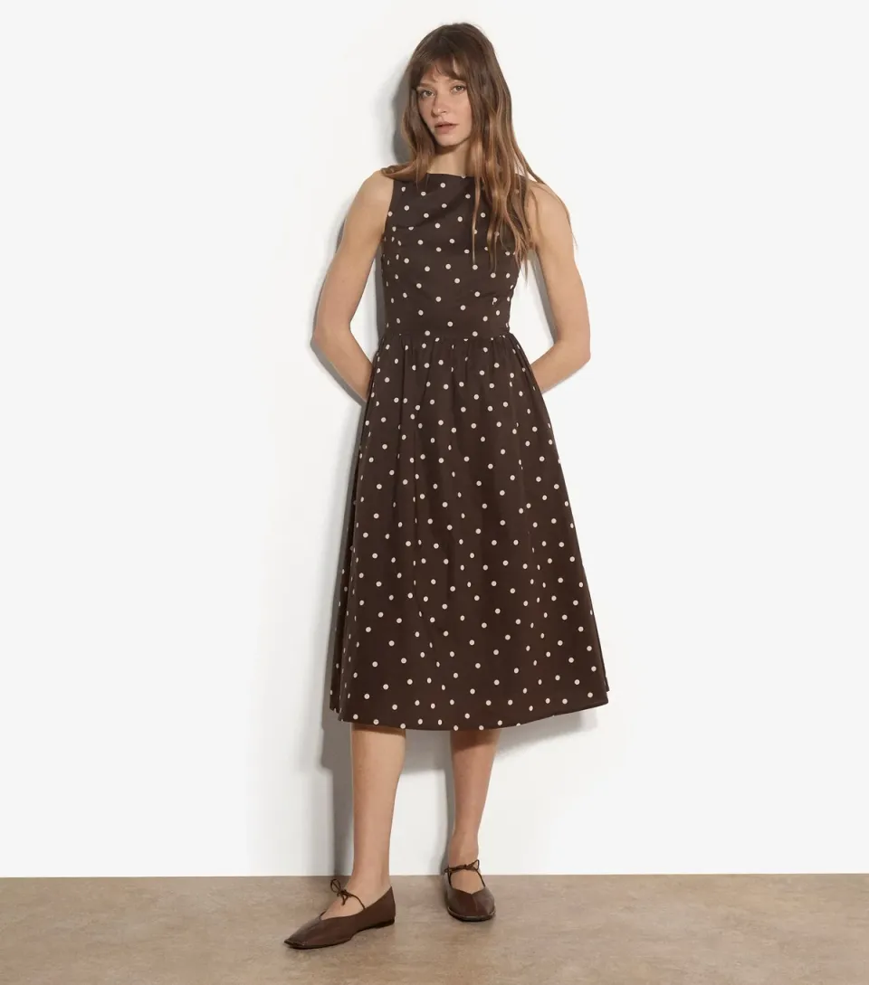 Women's Brown Cotton Polka Dot Print Midi Dress