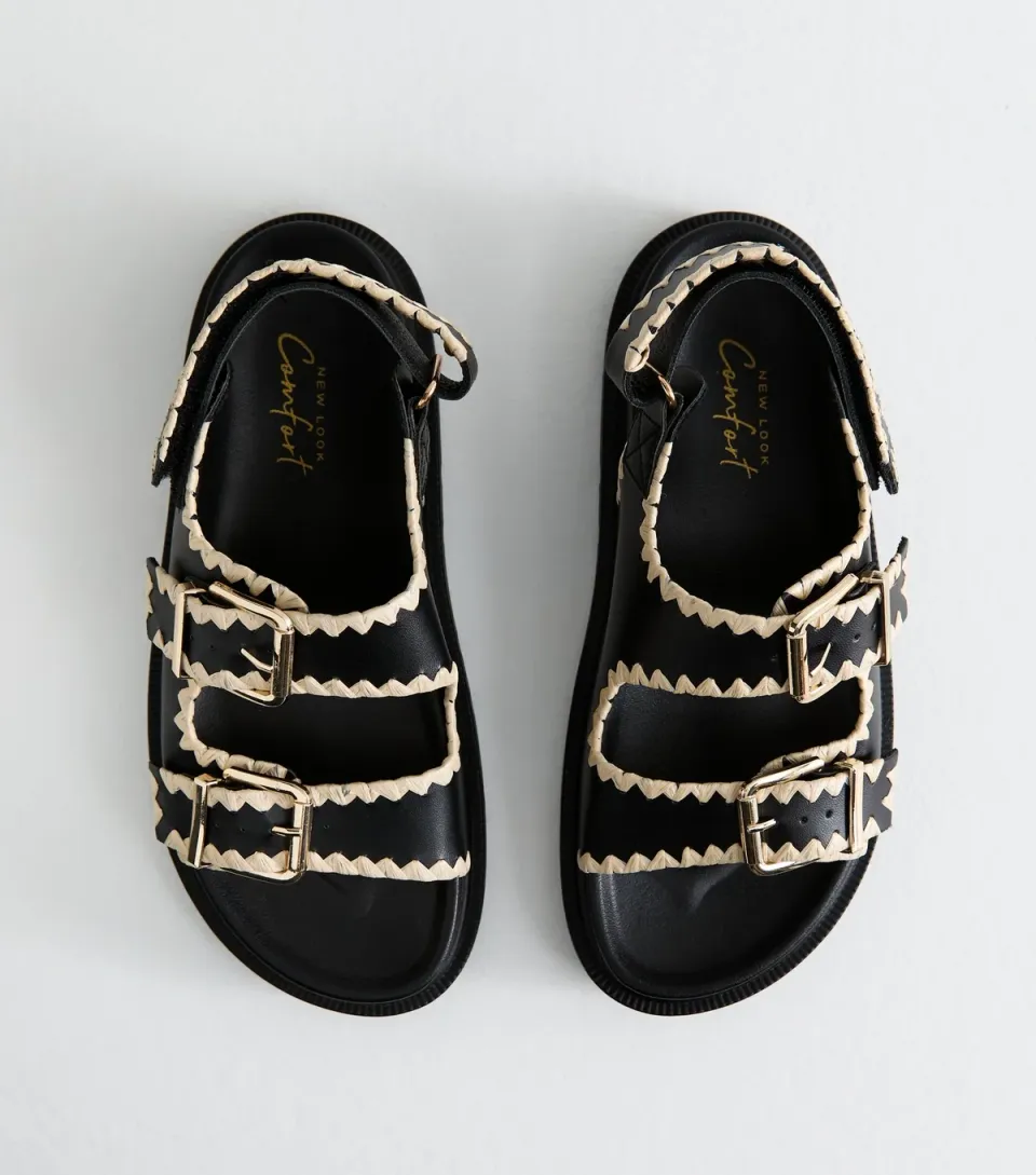 Women's Black Whipstitched Faux Leather Sandals Vegan