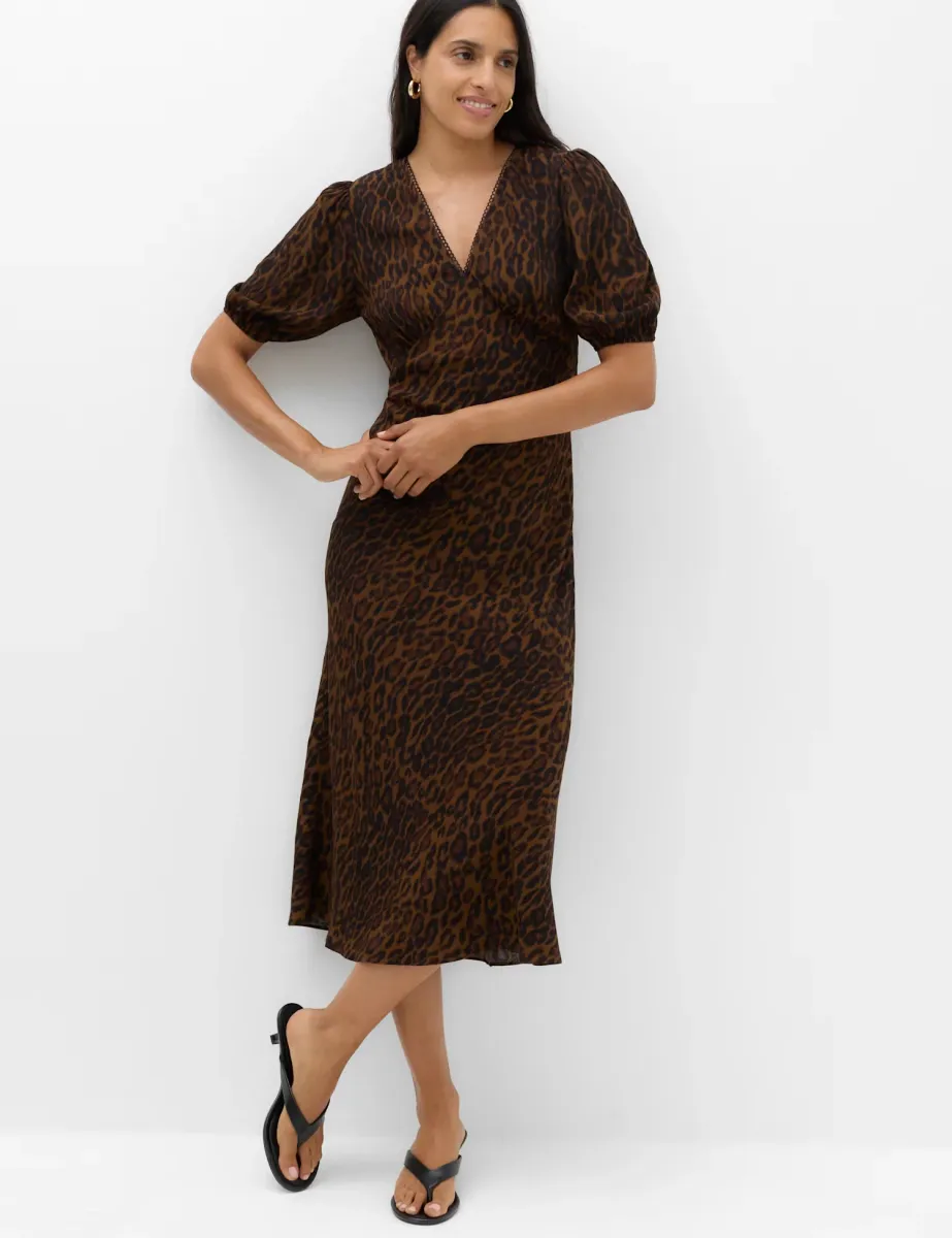 Animal Print V-Neck Midi Tea Dress Brown Mix