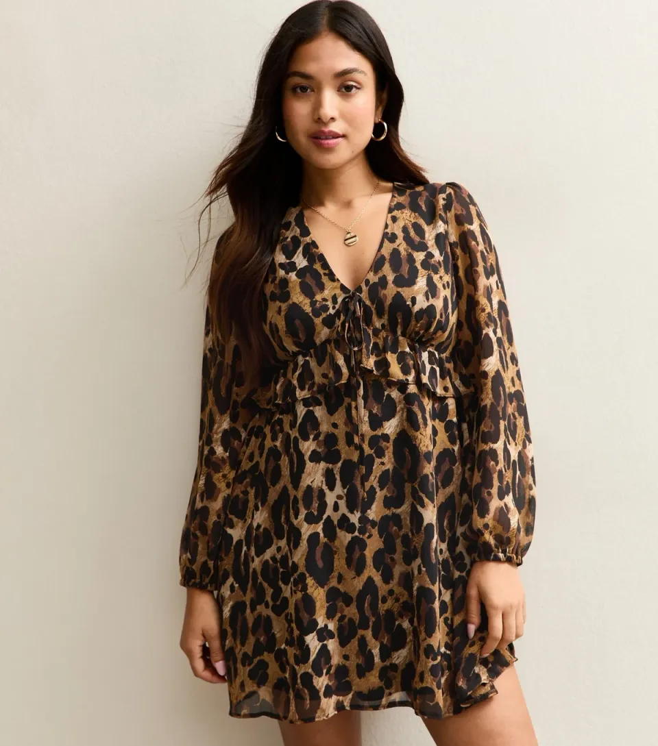 Women's Petite Chiffon Animal Print Long Sleeve Mini Dress