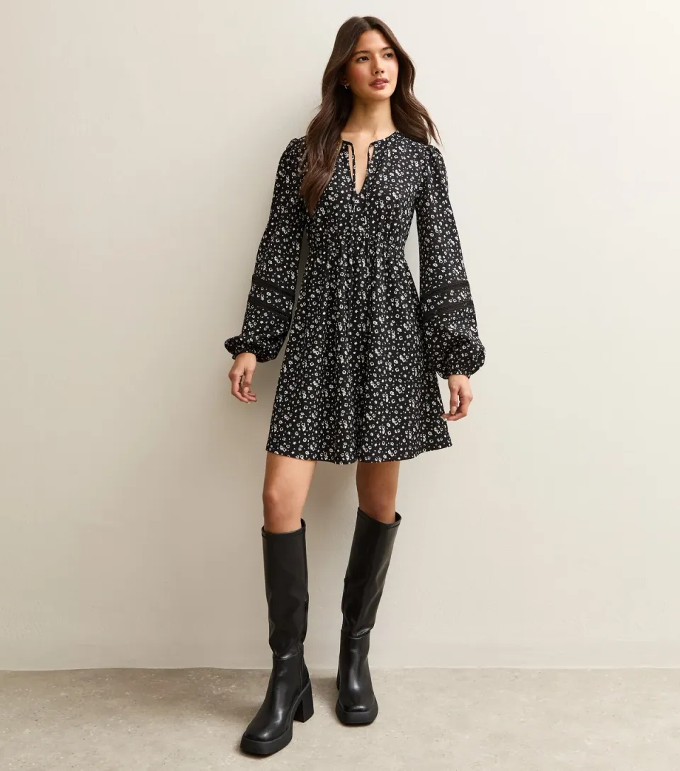 Women's Black Floral Crinkle Lace Mini Dress