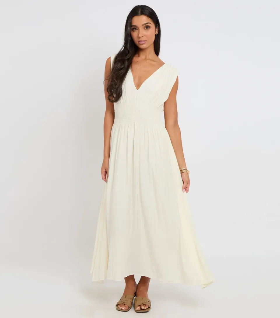 Women's Cream Elasticated Waist Maxi Dress