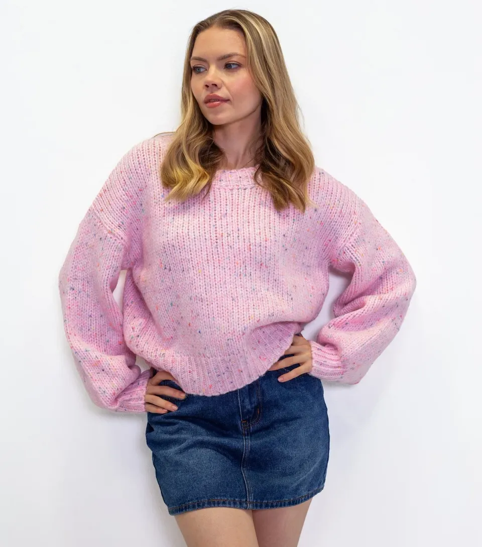 Women's Light Pink Speckled Knit Ribbed Chunky Knit Jumper
