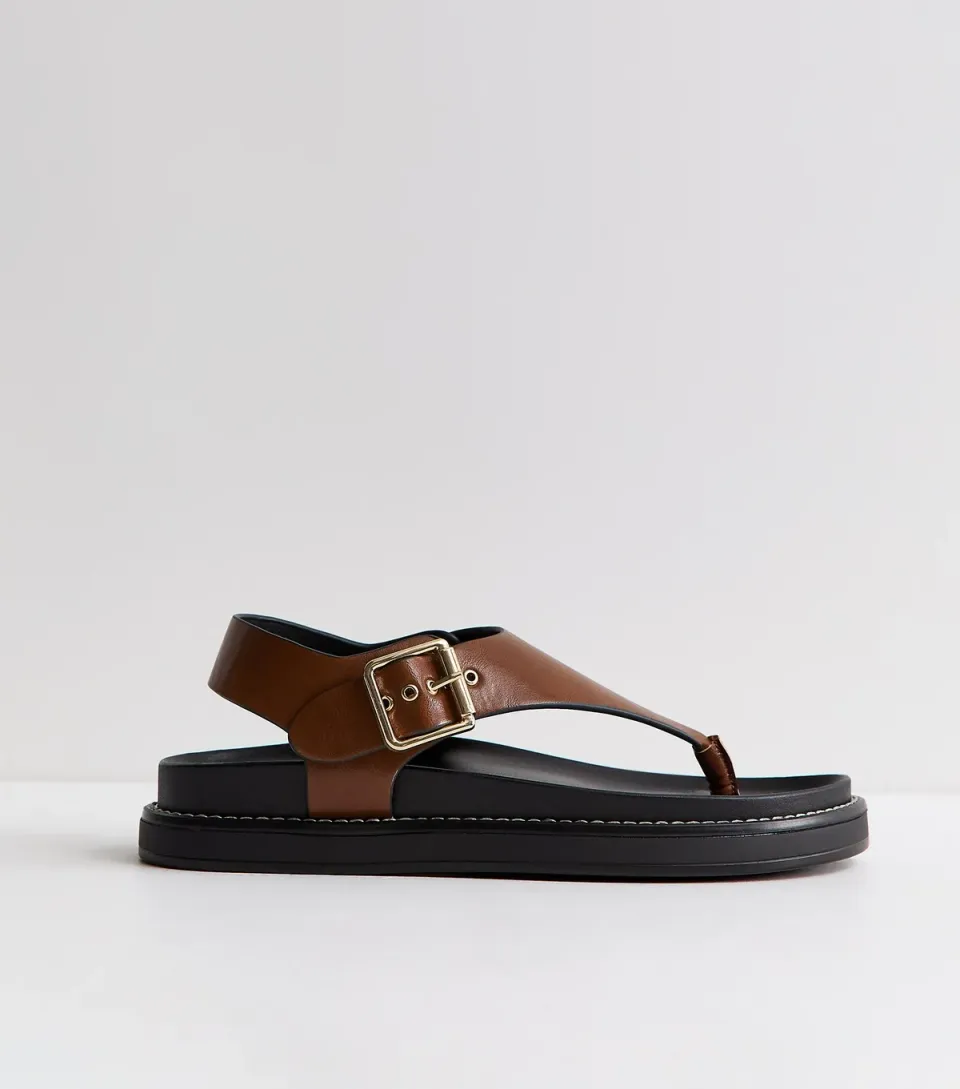 Women's Tan Faux Leather Toe Post Chunky Flat Sandals Vegan