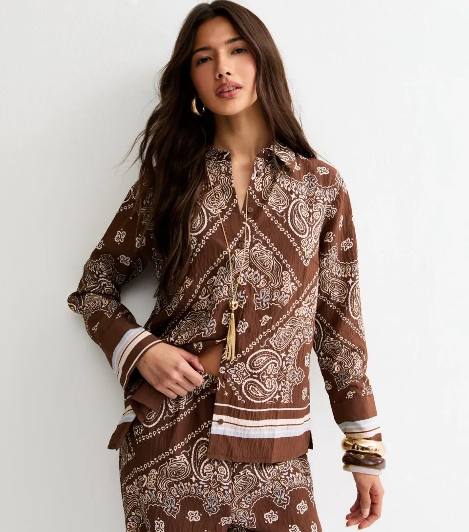 Women's Brown Crinkle Texture Paisley Print Bandana Shirt