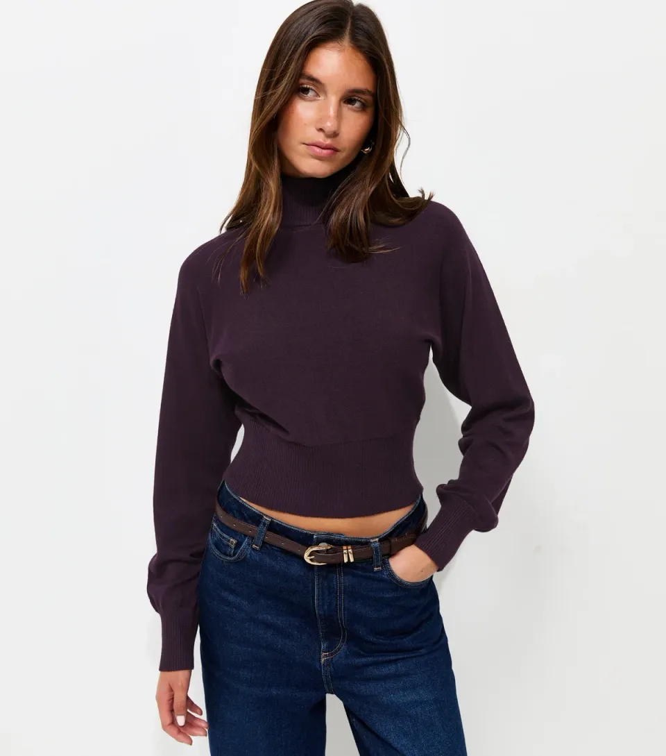 Women's Dark Purple High Neck Batwing Sleeve Knitted Jumper