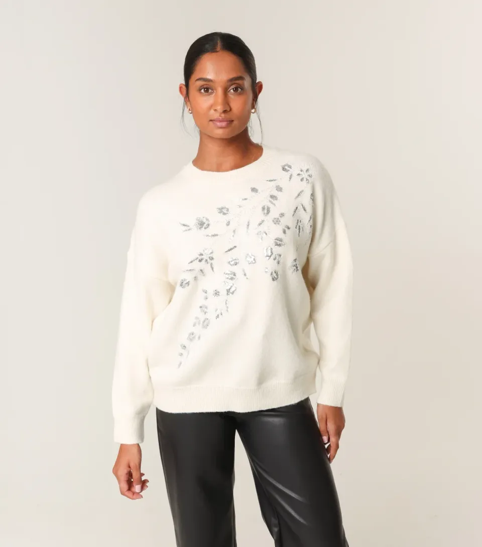 Women's Off White Sequin Embellished Jumper