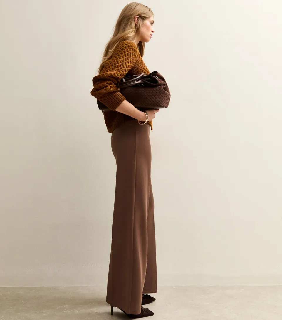Women's Brown Jersey Wide Leg Trousers