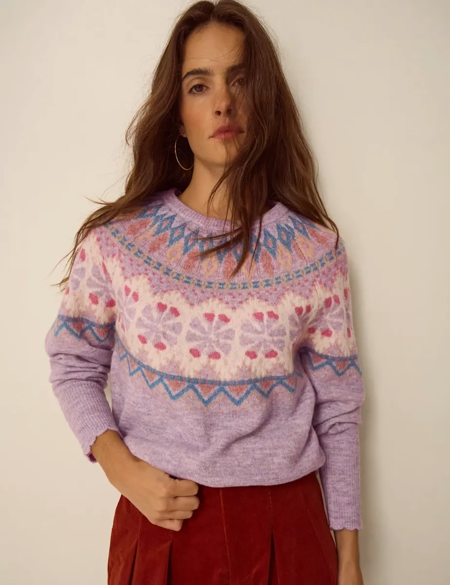 Fair Isle Crew Neck Jumper Purple Mix