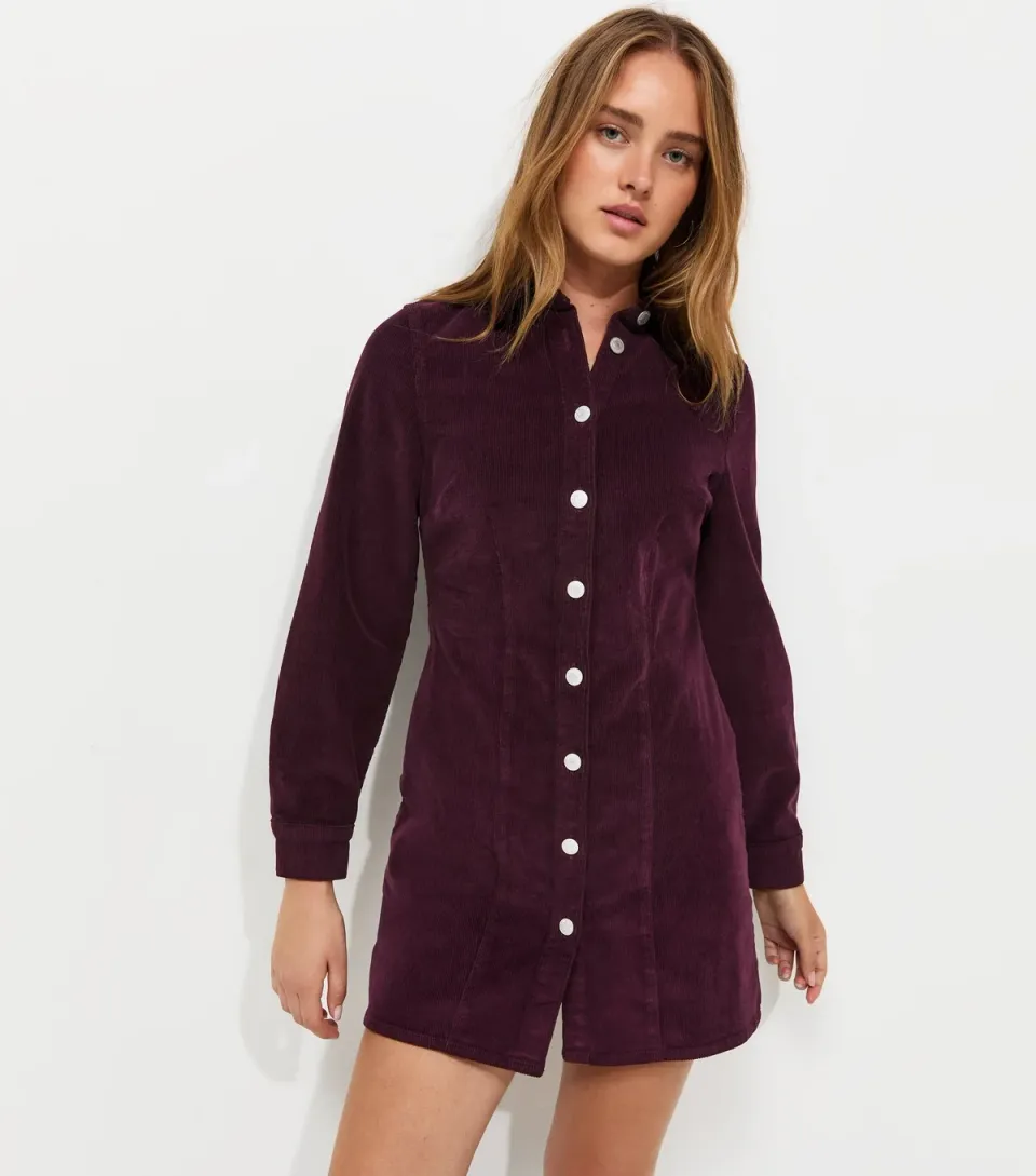 Women's Dark Burgundy Corduroy Long Sleeve Mini Shirt Dress