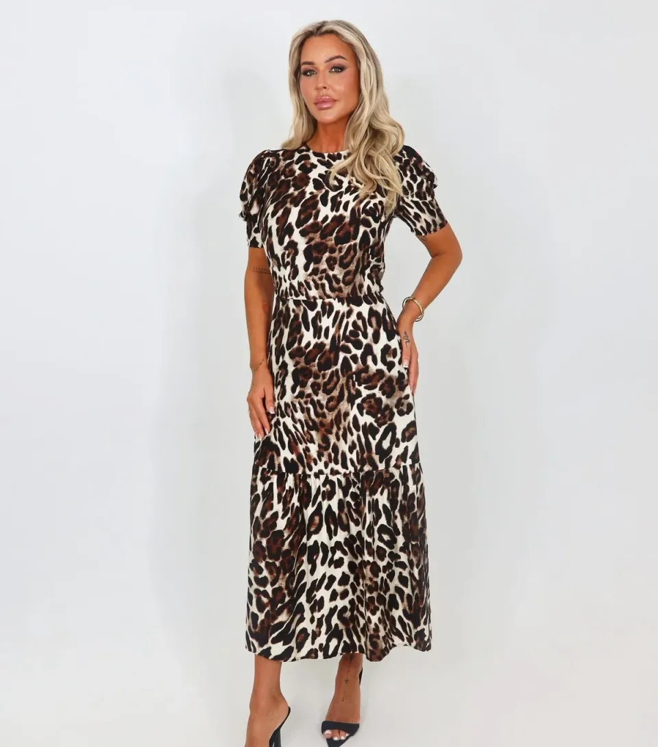 Women's Brown Leopard Print Puff Sleeve Midi Dress