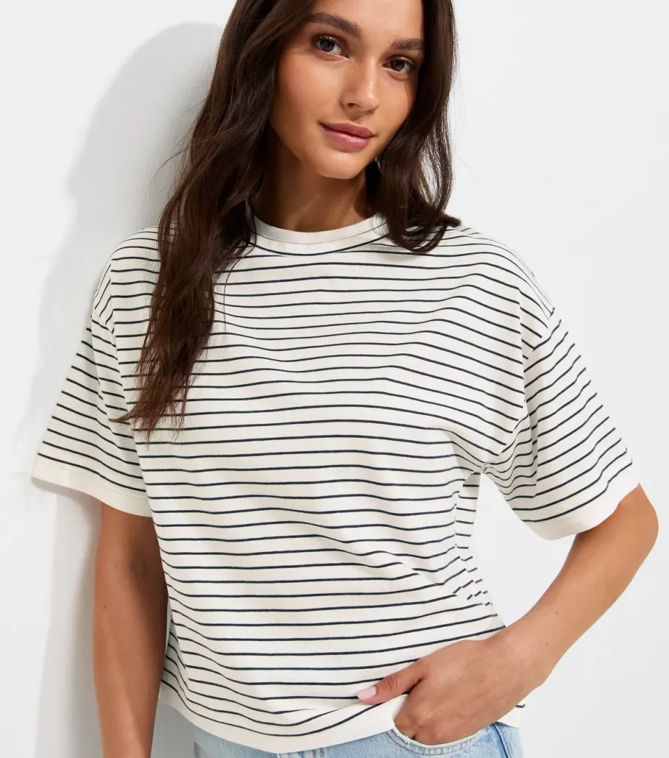 Women's Blue Cotton Striped 2 In 1 Boxy T-Shirt