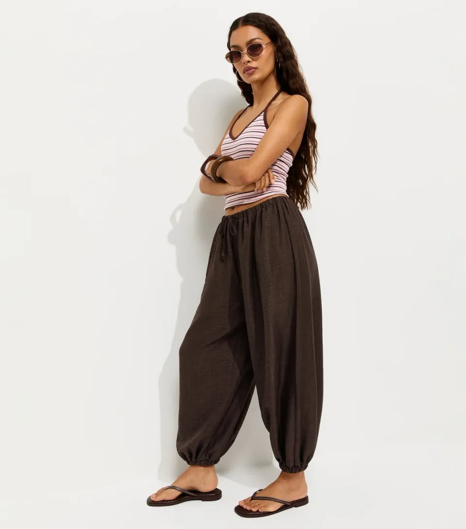 Women's Petite Brown Wide Leg Cuffed Trousers