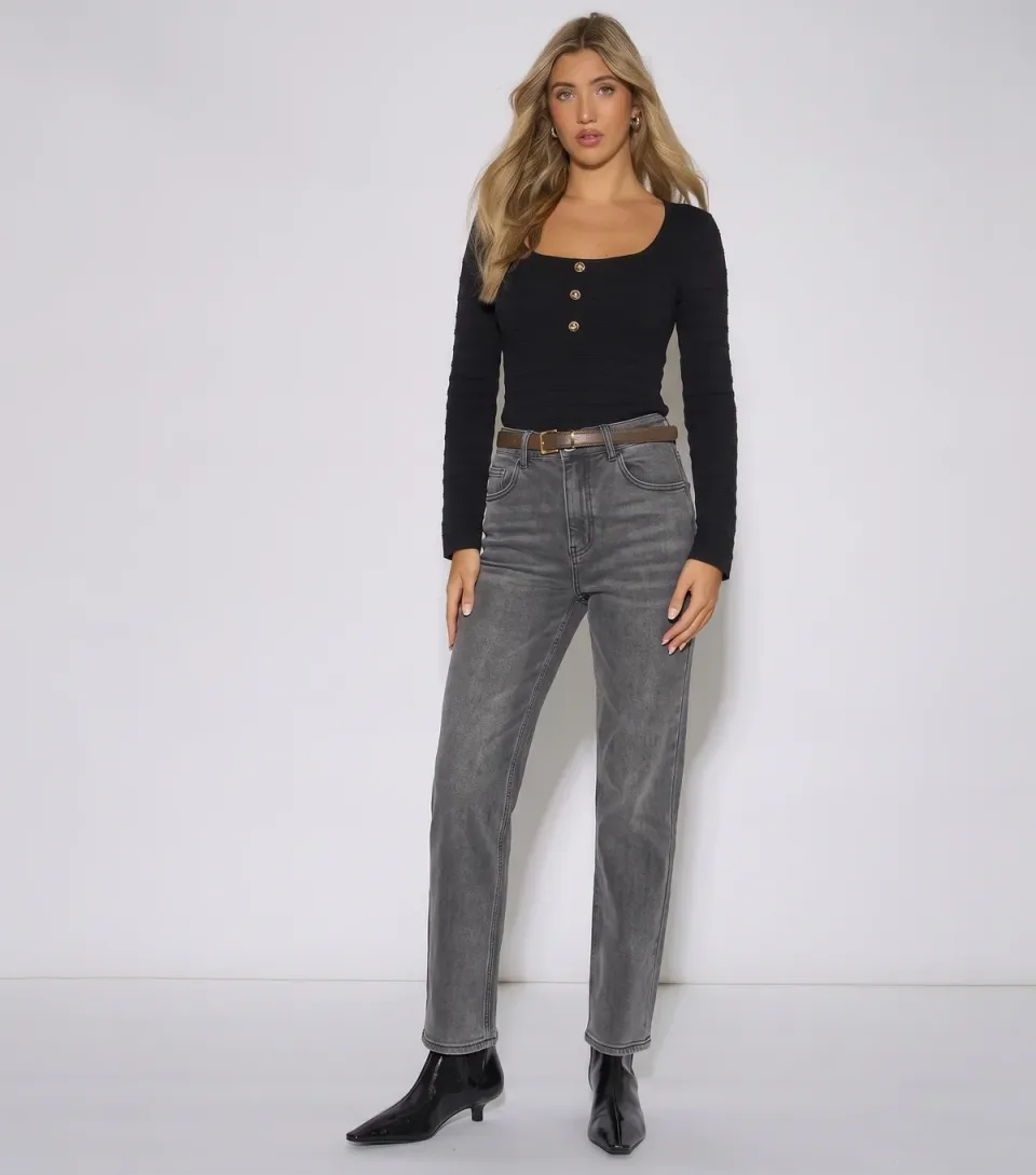 Women's Light Grey Mid Rise Straight Leg Jeans