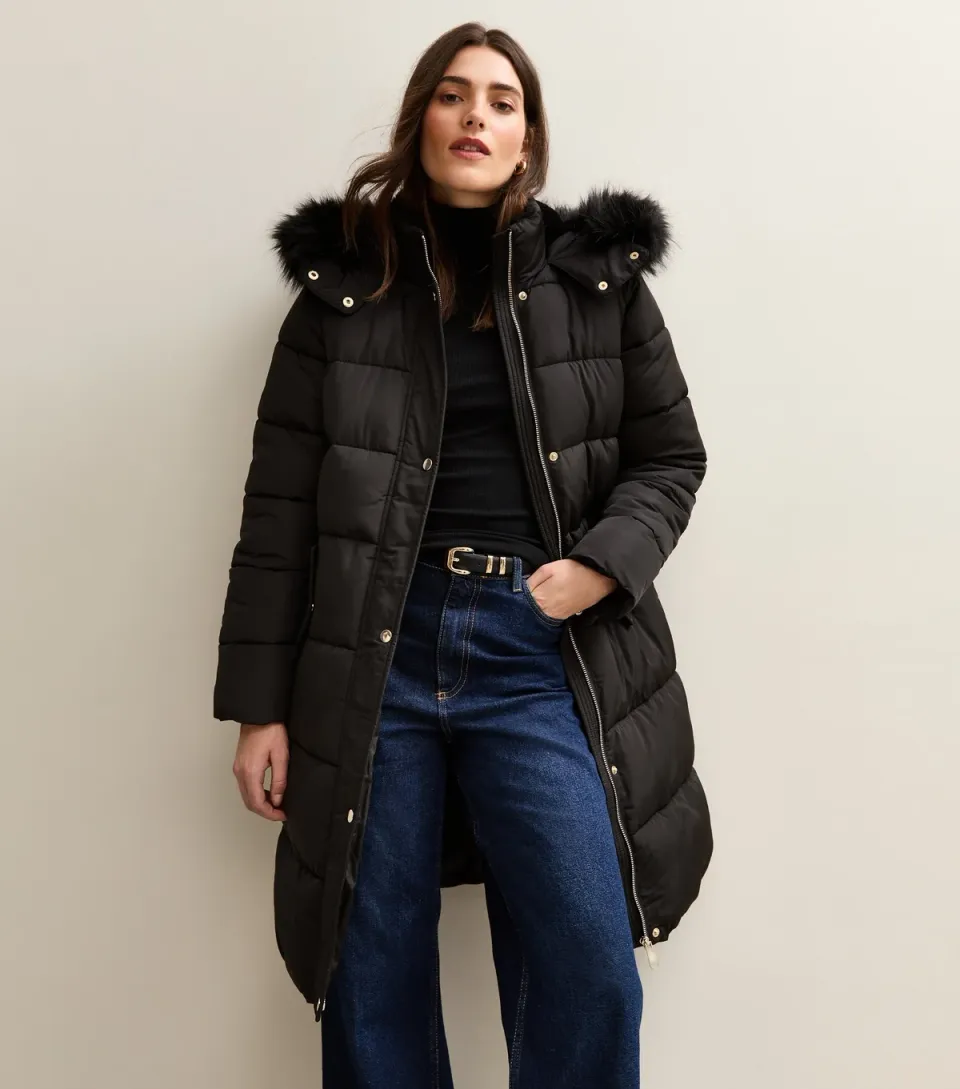 Women's Black Faux Fur Hood Longline Puffer Coat