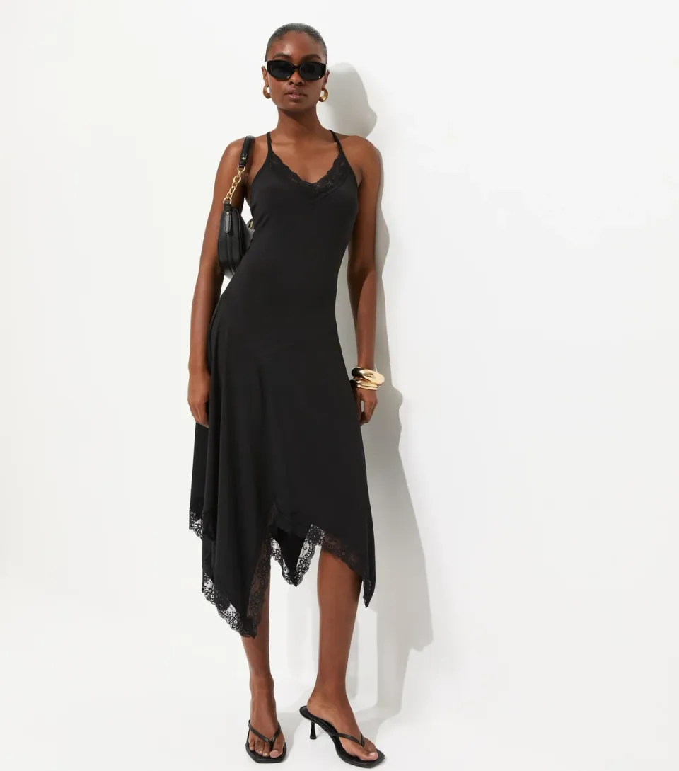 Women's Black Lace Trim Asymmetric Midi Dress