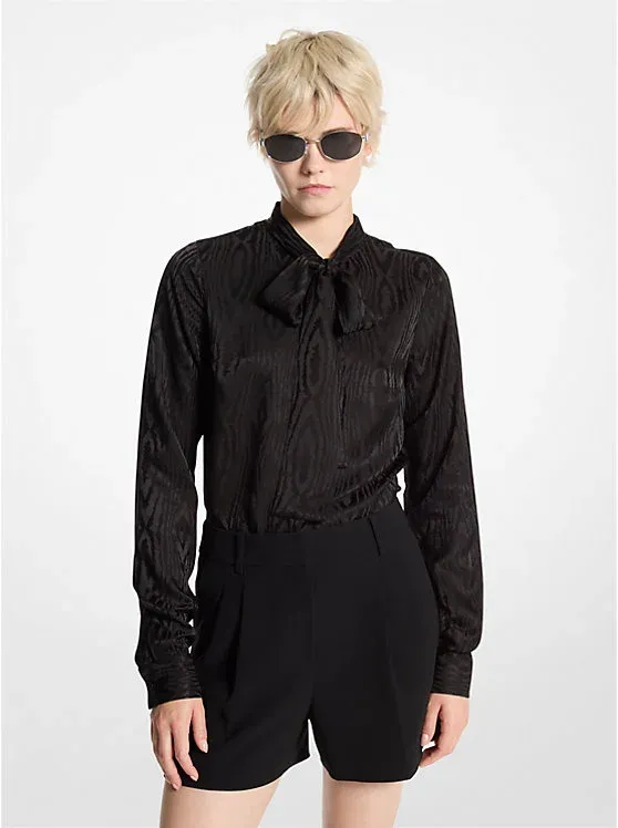 Moiré Tie-Neck Blouse