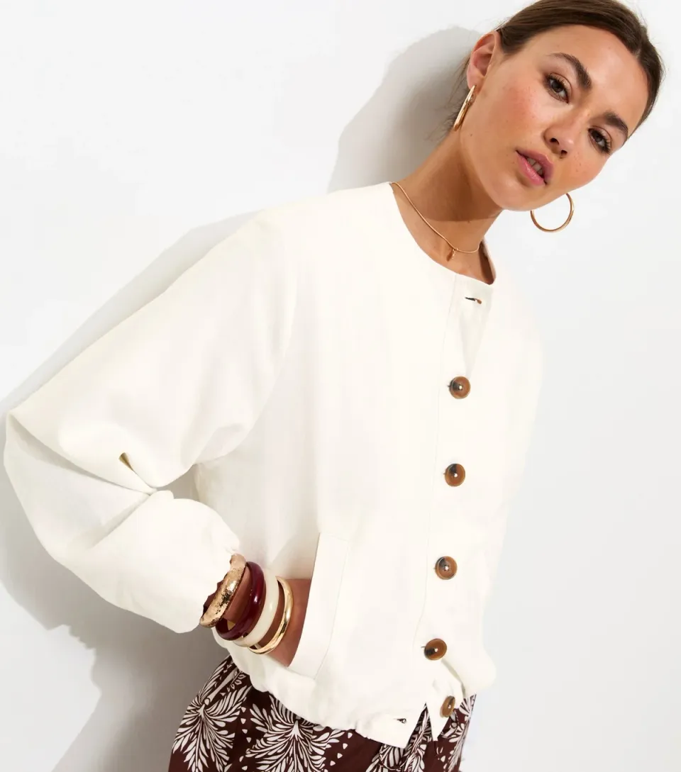 Women's White Linen Blend Button Through Bomber Jacket