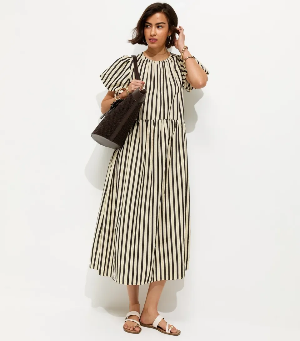 Women's Black Striped Drop Waist Puff Sleeve Midi Dress